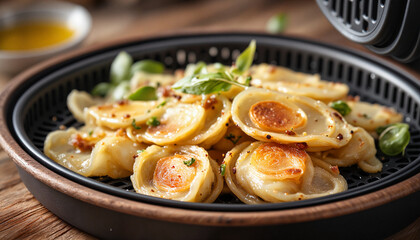 Golden dumplings with herbs on rustic wooden table