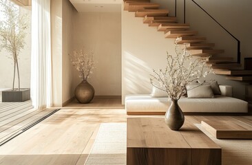 A living room with a wooden floor and a staircase. A vase with flowers is on a table