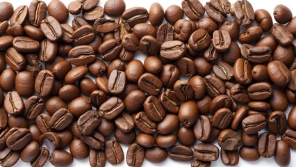 Fototapeta premium High-Resolution Image of Roasted Arabica Coffee Beans, Symmetrical Arrangement of Dark Brown and Chestnut Coffee Beans on White Background, Detailed Texture and Ridges Visible