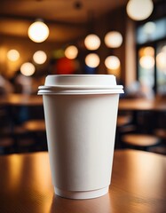 白いコーヒーカップが、背景のぼかし効果で演出されたカフェの落ち着いた空気感と一体化した、洗練された情景
