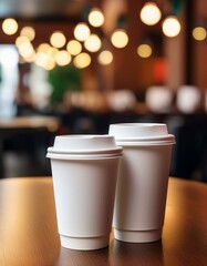 クラシカルな白いコーヒーカップが、背景のぼかされたカフェの情景により、心地よい静けさを感じさせるデザイン
