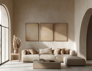 A living room with a couch, coffee table, and a vase. The couch is covered in pillows and the coffee table has a book on it