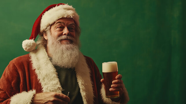 Emotional male actor in a costume of Santa Claus holds a glass of beer in his hands and poses on a green chrome background