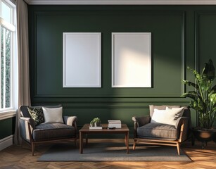 A green room with two chairs and a table. The chairs are grey and the table is brown