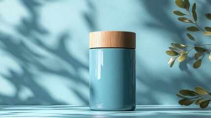 Light blue spa cosmetic bottle with natural wooden cap