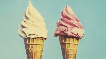 Vintage ice cream ad with retro graphics and fonts set against a calming light blue background
