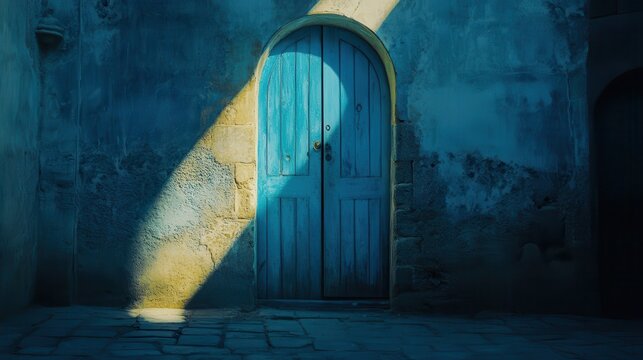 light coming through opened blue door