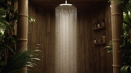Serene outdoor shower surrounded by bamboo and lush greenery.