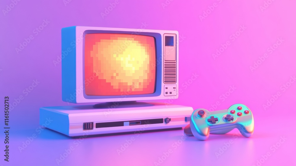 Poster retro gaming console with vintage television glowing against a colorful background. generative ai