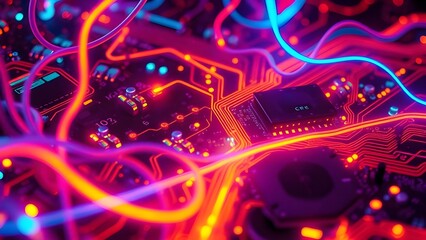 Close-up of a vibrant neon circuit board