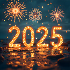 Illuminated 2025 New Year celebration with fireworks