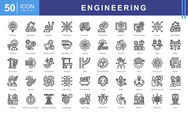 Engineering icon collection set. Containing scientific principles, design, structural, bridges, tunnels, roads, buildings icon. Simple vector illustration.