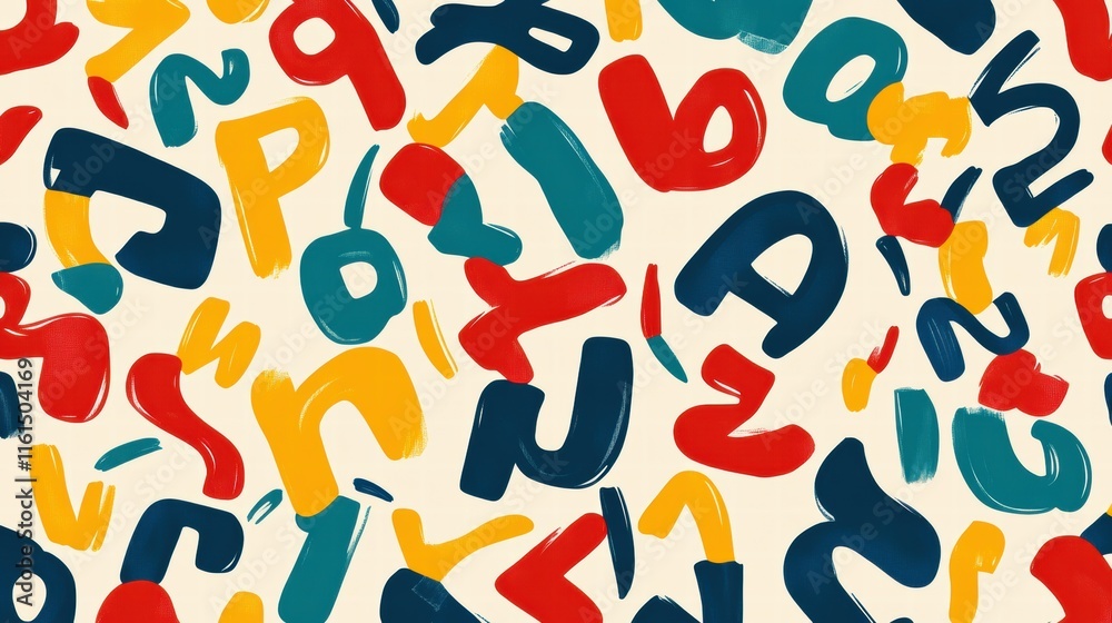 Poster colorful playful alphabet pattern featuring stylized letters in various shapes and colors for creati
