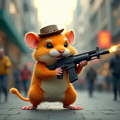 Cartoonish anthropomorphic mouse with assault rifle