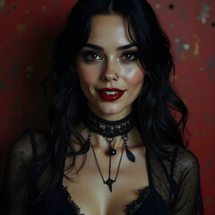 Woman with dark hair and bold makeup against a red wall