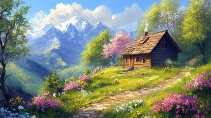 Oil painting on canvas summer landscape with wooden old house, beautiful flowers and trees.