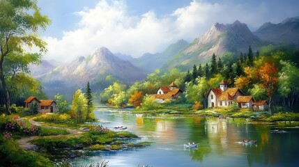 Fototapeta premium Oil rural landscape paintings, village, river