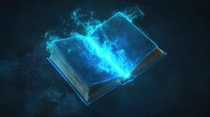 Fototapeta premium Open magic book with fantasy blue light vector. Mystery fairytale handbook side with wizard spell glow.