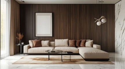 Fototapeta premium A living room with a white couch and a black coffee table. A picture frame is on the wall