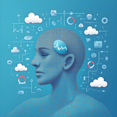 Stylized human head in profile with heartbeat line and technology icons