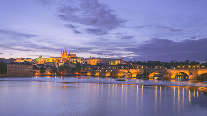 Prague panorama with Charles Bridge and Prague Castle at night, Czech Republic