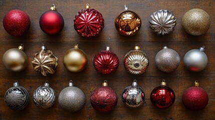 Overhead view of assorted red, gold and silver Christmas baubles on a wooden table