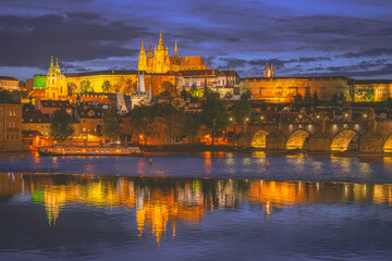 Prague panorama with Charles Bridge and Prague Castle at night, Czech Republic