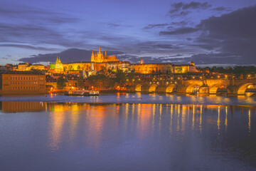 Prague panorama with Charles Bridge and Prague Castle at night, Czech Republic