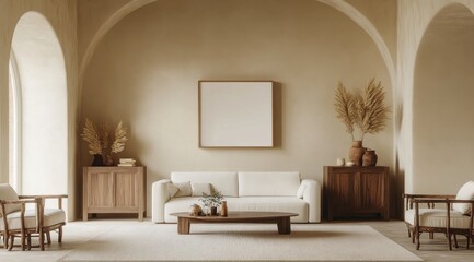 A living room with a white couch and a wooden coffee table. There are two chairs and a vase on the table
