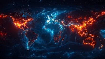 Glowing world map with blue and orange energy lines.