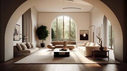 Fototapeta premium A large room with a white couch and a white chair. A potted plant is in the room