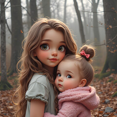 Young girl holding infant in serene forest setting