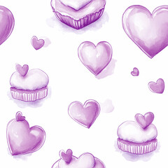 Watercolor frosted cupcakes with purpl hearts surrounded by hand-painted purple and blue hearts on white background