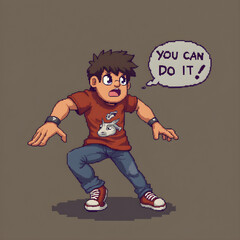 Cartoon character with motivational speech bubble