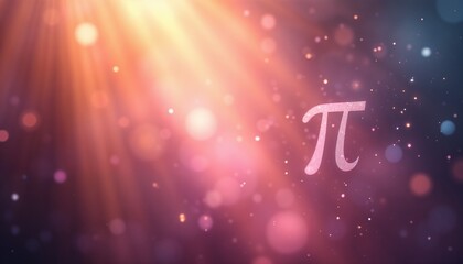 Pi symbol illuminated by soft rays and sparkling background with a festive mood for Pi Day, copy space