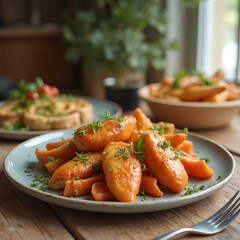 Beautifully arranged plate of vibrant orange food with herbs