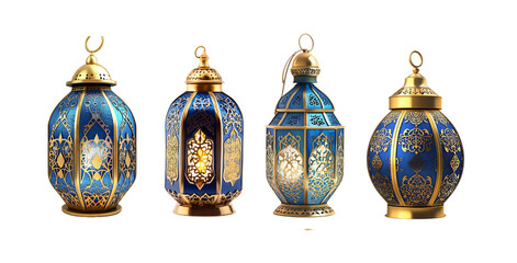 Blue metallic gold ramadan lantern isolated on transparent background.