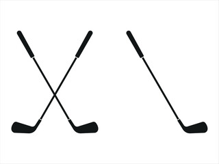 Silhouettes of crossed golf clubs with rounded heads, black minimalist design. Perfect for golf-related illustrations, sports logos, and branding for tournaments or recreational activities.