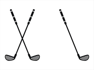 Crossed black golf clubs with grooved design for sports equipment and golf-related graphics.