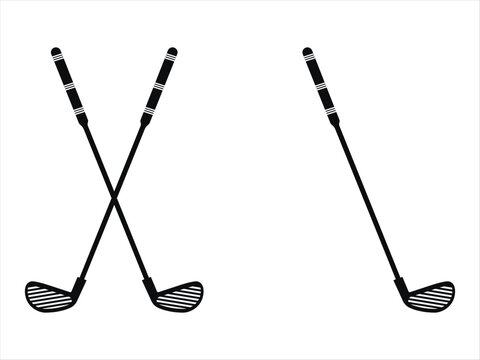 Crossed black golf clubs with grooved design for sports equipment and golf-related graphics.