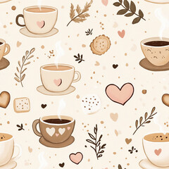Obraz premium Seamless pattern of cups with tea and coffee, cookies and hearts