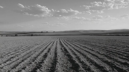 Obraz premium Monochrome landscape of plowed field under a partly cloudy sky.