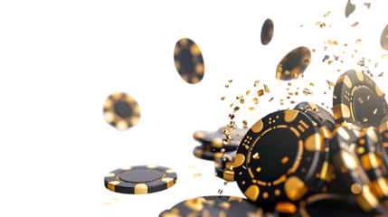 Black and golden casino chips falling, isolated on white background 