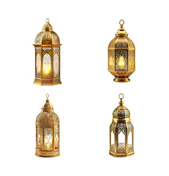 Gold metallic gold ramadan lantern isolated on transparent background.