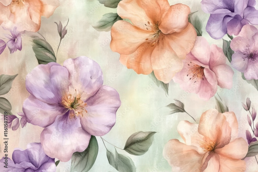 Poster bright and delicate floral pattern featuring pastel flowers in soft colors on a subtle background. g