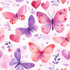 Fototapeta premium Seamless watercolor pattern featuring pink and purple butterflies with heart details, surrounded by hearts and leaves on a light background