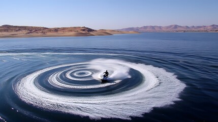 Aerial view of a person riding a jet ski in a lake, creating a circular wake.  The calm water and desert landscape provide a stunning backdrop.
