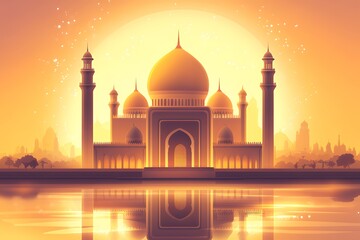 Majestic Mosque at Sunset Golden Hues Reflecting in Water