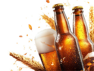 Beer in glass and bottle isolated on transparent background.
