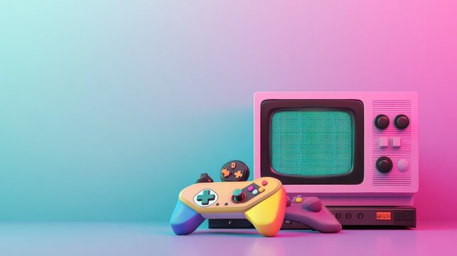 Retro gaming console with colorful controller on a pastel background for nostalgic gaming experiences. Generative AI - Powered by Adobe